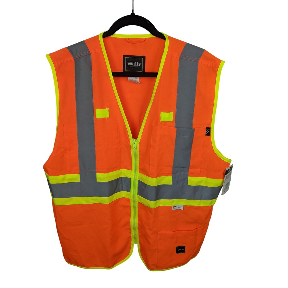 Walls Workwear Mens Orange High Visibility ANSI Class 2 Safety Vest NWT L